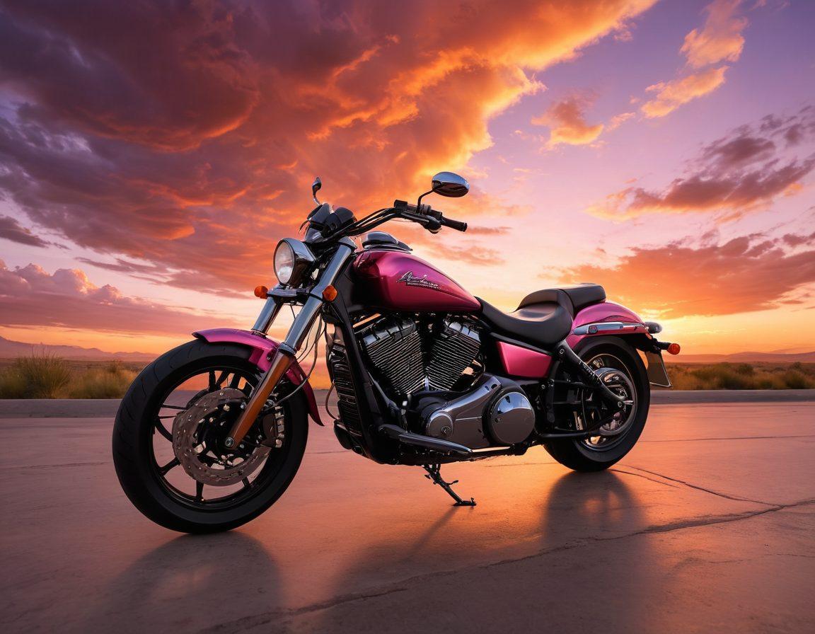 A powerful motorcycle parked against a backdrop of a breathtaking sunset, symbolizing freedom and adventure. Overlay elements include various insurance paperwork and coverage options floating around the bike, showcasing the idea of protection. The scene conveys a sense of safety and thrill, with vibrant colors and dynamic lighting. ultra-realistic. vivid colors. dramatic shadows.