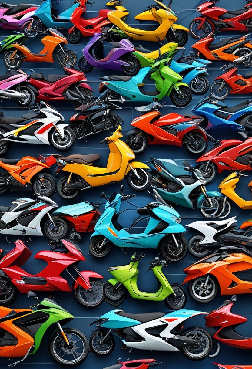 A vibrant collage showcasing various bikes, from sleek hyperbikes to stylish scooters, arranged in a dynamic, interwoven pattern. Each bike is depicted in detail, with unique features highlighted, set against a backdrop that represents security, like a shield or padlock. The colors are bright and playful, evoking a sense of adventure and safety. super-realistic. vivid colors. 3D.